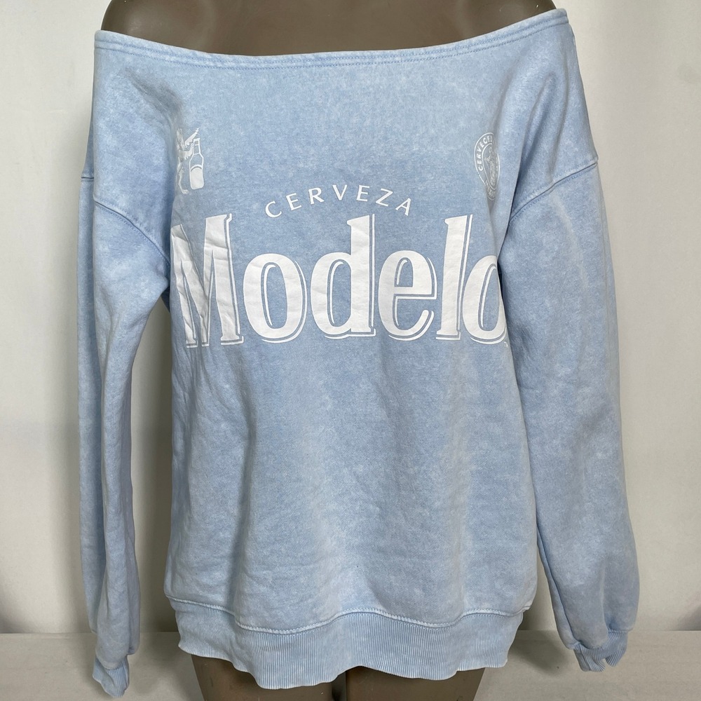 Modelo Cerveza Beer Off the Shoulder Blue Acid Wash Sweatshirt Women's XS